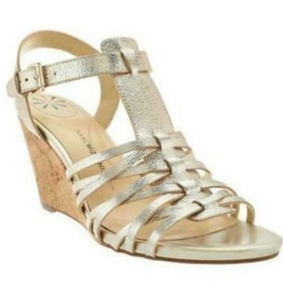 Isaac Mizrahi Gold Leather Strappy Cork Wedge Sandals Size 10W - Picture 1 of 7